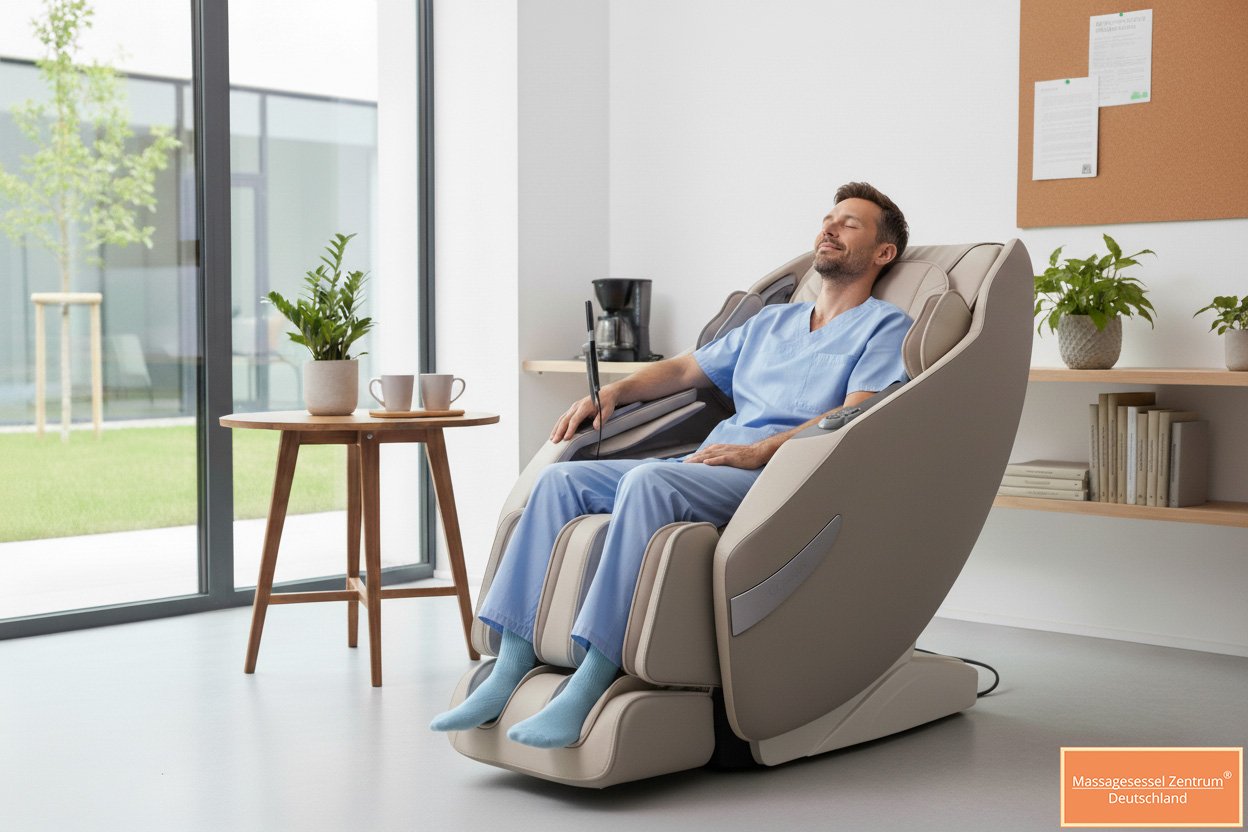 Massagesessel für Zahnärzte - Arzt liegt entspannt im Massagesessel